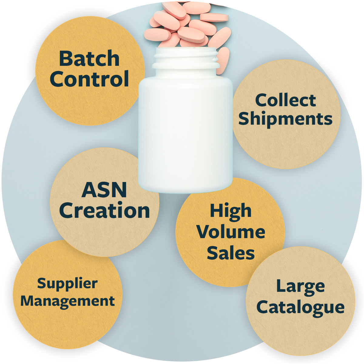 case study image showing Batch Control, ASN Creation, Supplier Management, Collect Shipments, High Volume Sales and a Large Catalogue